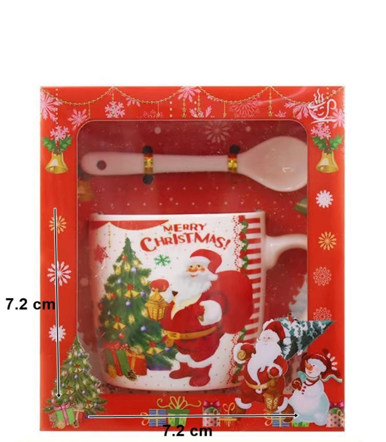 Set cana din ceramica cu lingurita si farfurioara, in tematica de Craciun, ambalata in cutie asortata, Santa Tree