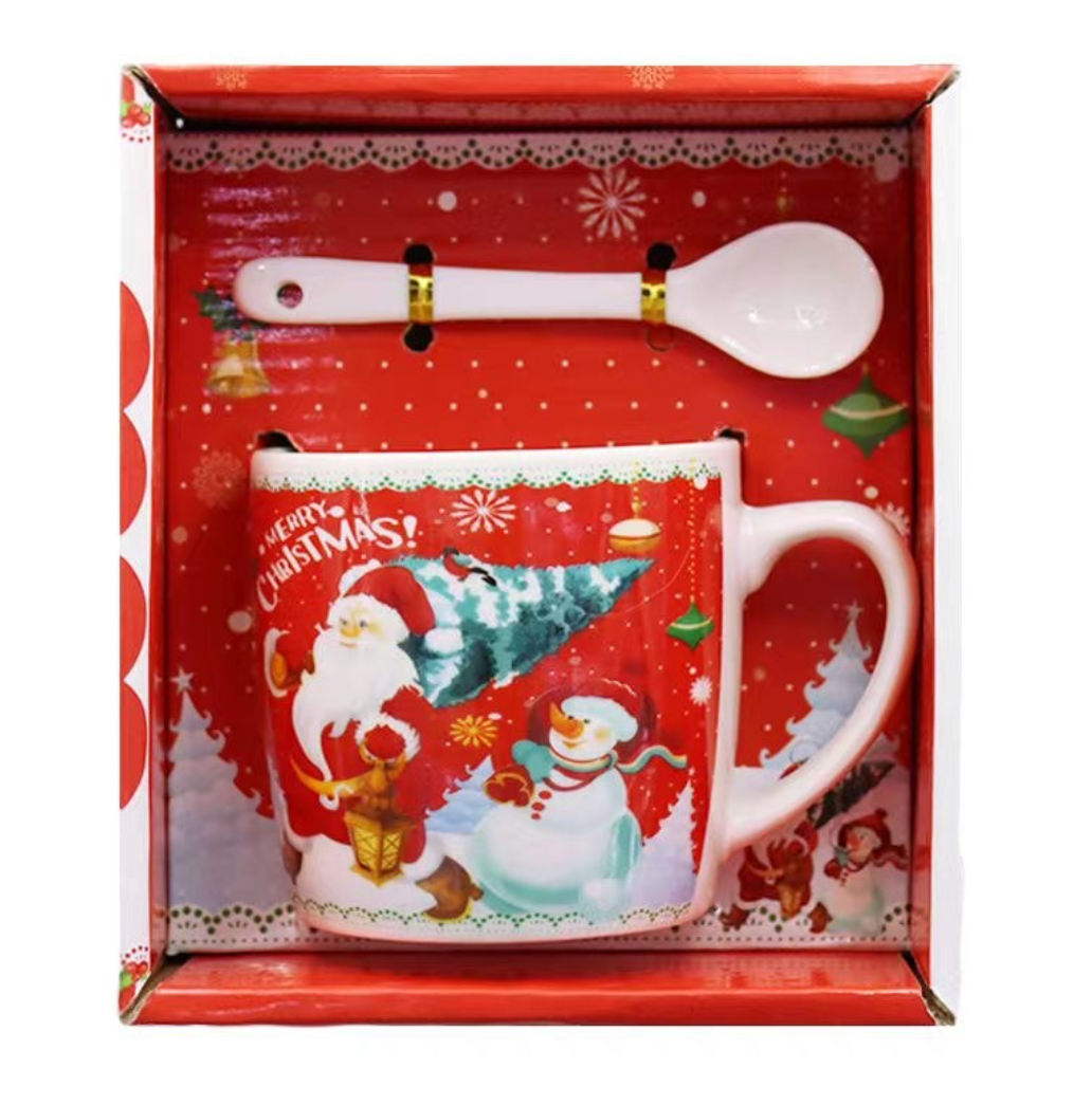 Set cana din ceramica cu lingurita si farfurioara, in tematica de Craciun, ambalata in cutie asortata, Santa Tree