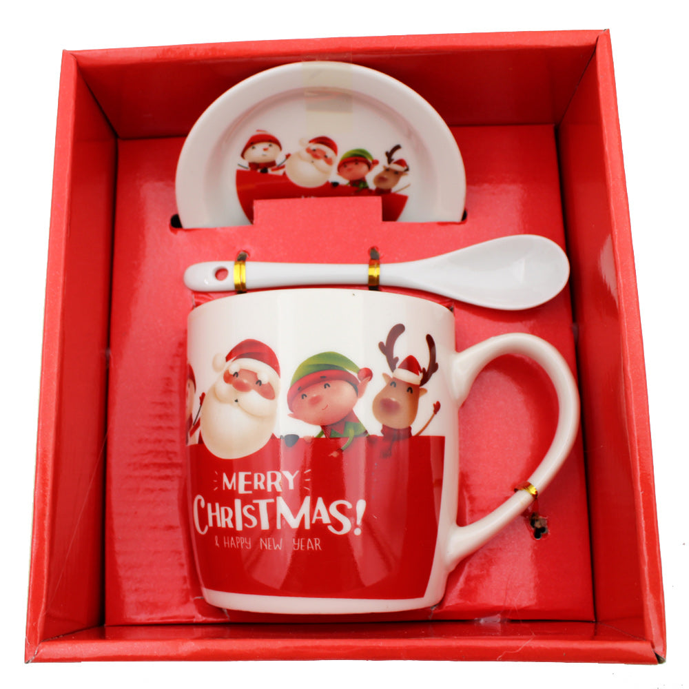 Set cana din ceramica cu lingurita si farfurioara, in tematica de Craciun, ambalata in cutie asortata, Santa Tree