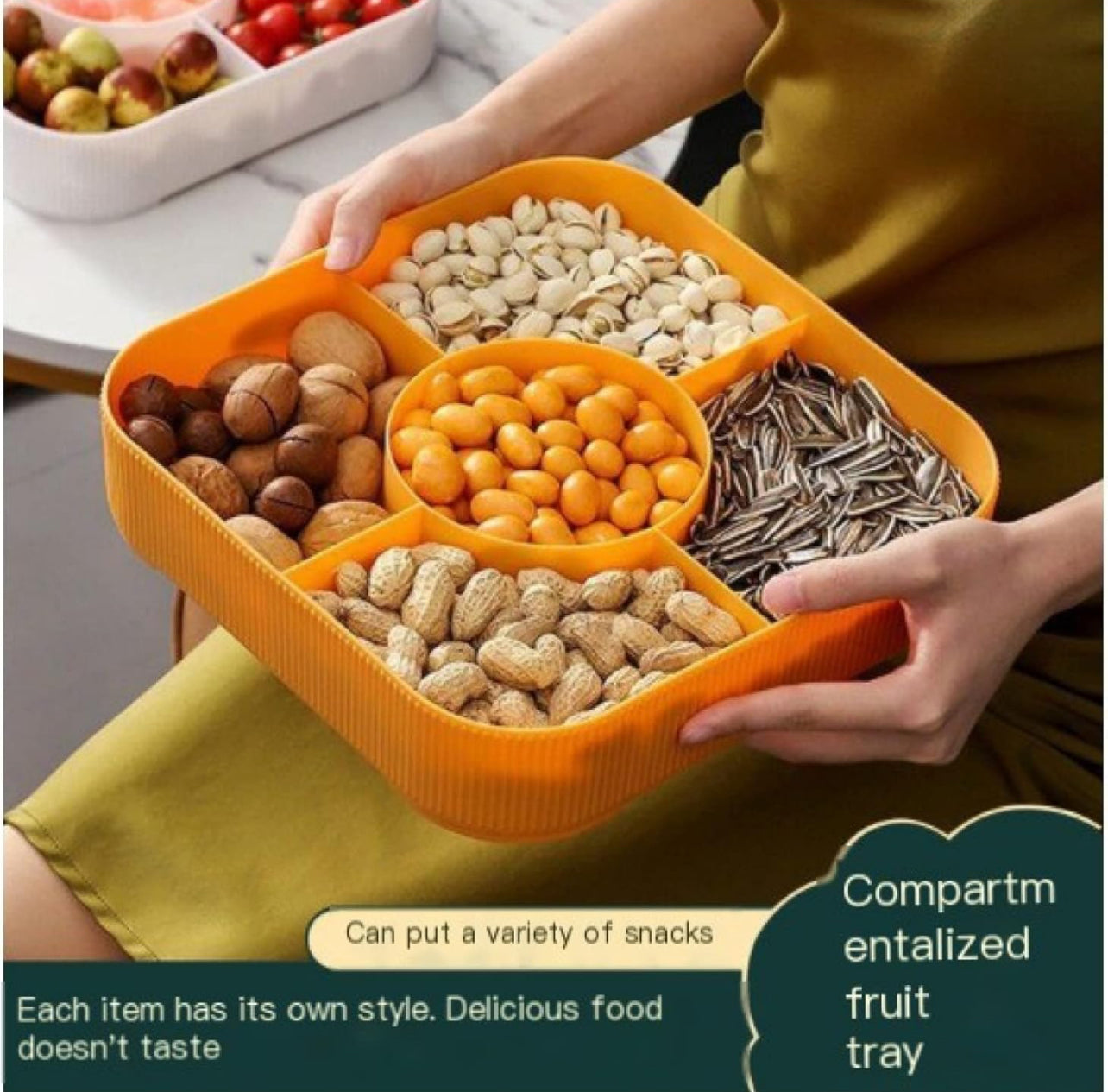 Tava pentru Snack-uri si Fructe Uscate cu 2 compartimente Galben si Alb