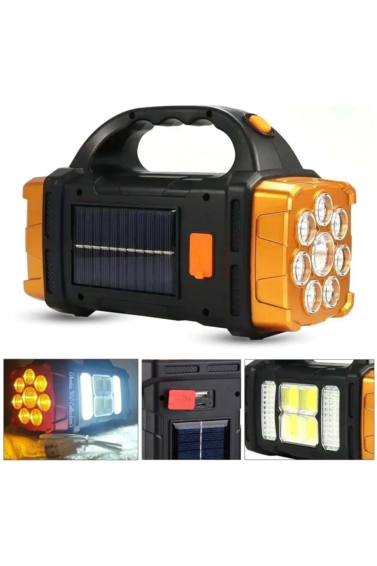 Lanterna de mana Led cu incarcare solara si Usb - Duala cu lumina Galbena si Lumina Alba cu 4 tipuri de iluminare