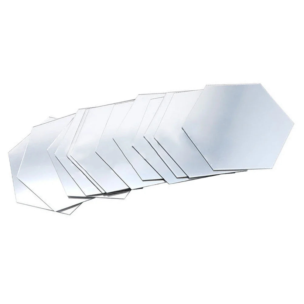 Set 12 oglinzi plexiglas autoadezive decorative forma hexagon, diametru 15 x 13 cm