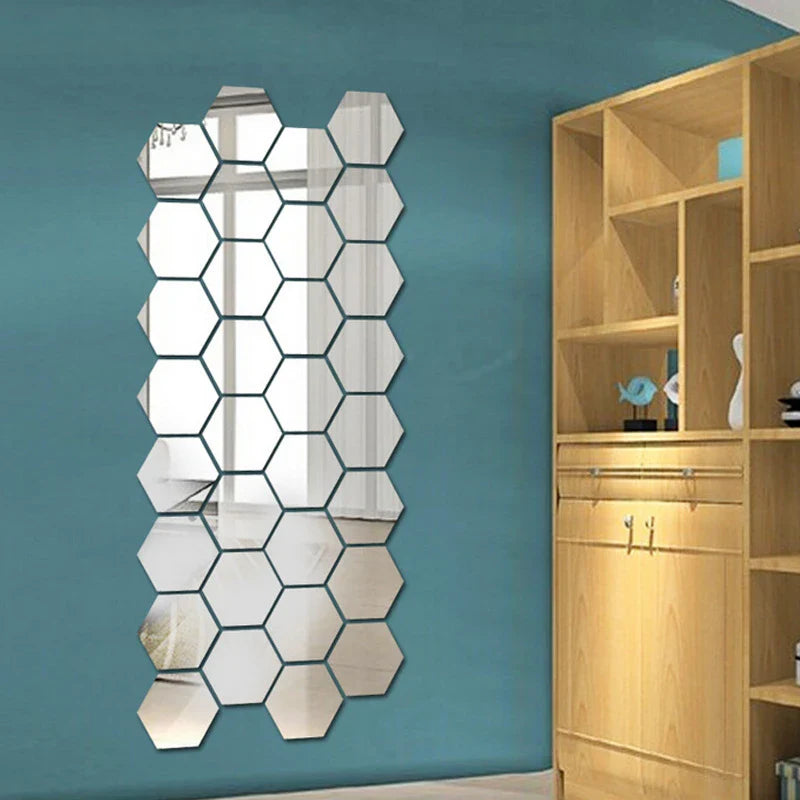 Set 12 oglinzi plexiglas autoadezive decorative forma hexagon, diametru 15 x 13 cm