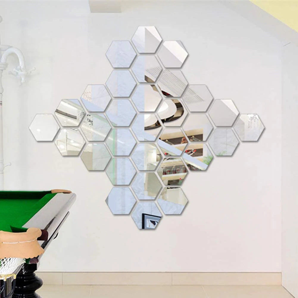 Set 12 oglinzi plexiglas autoadezive decorative forma hexagon, diametru 15 x 13 cm
