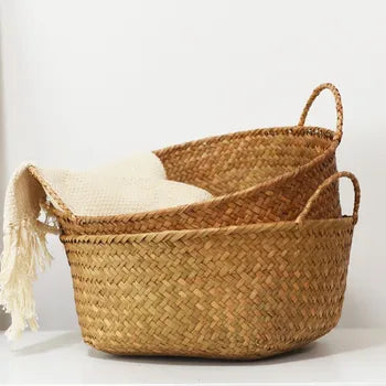 Coș oval din paie împletit, cu mânere – 30x20x12 cm, rustic și decorativ
