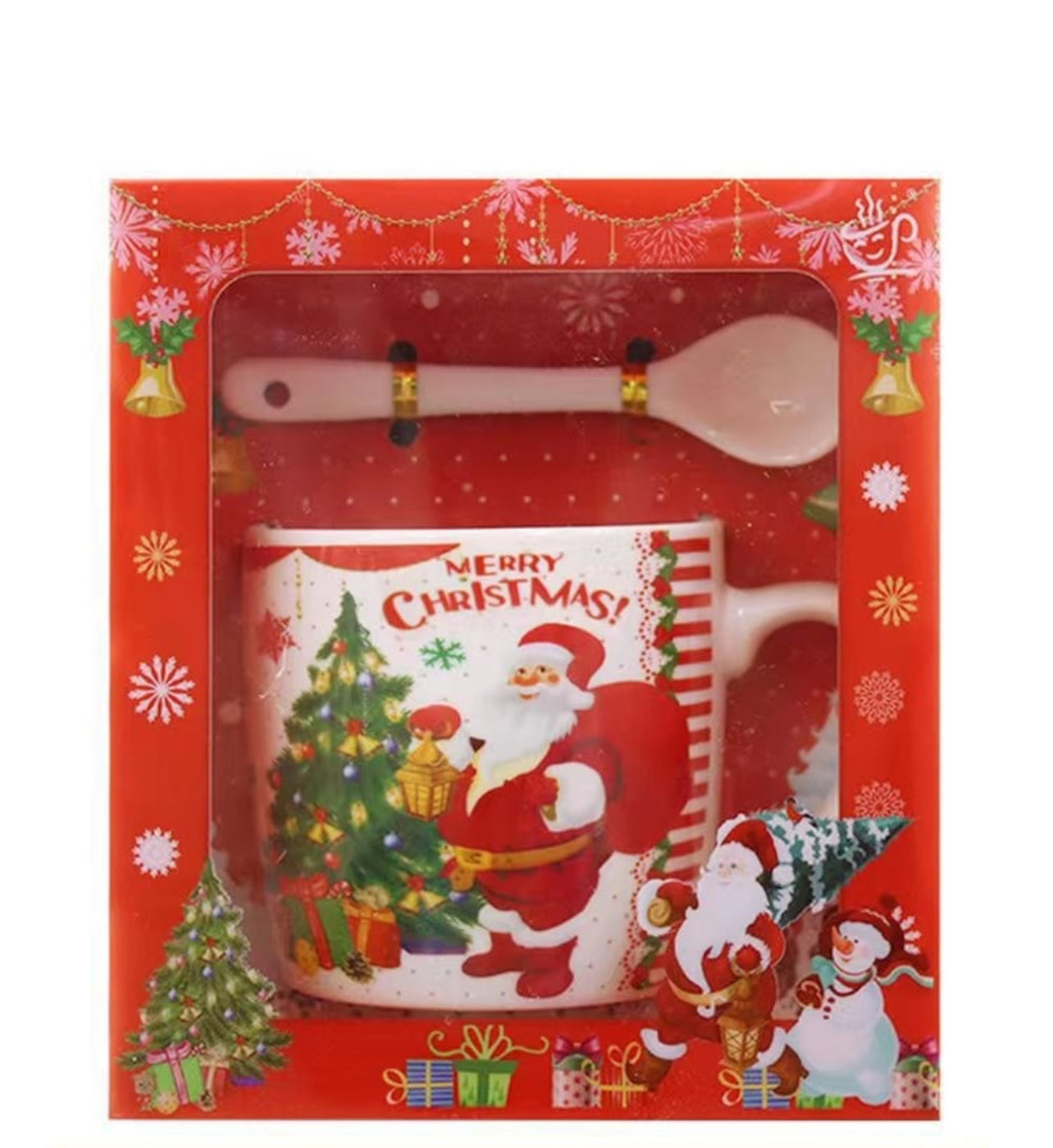 Set cana din ceramica cu lingurita si farfurioara, in tematica de Craciun, ambalata in cutie asortata, Santa Tree