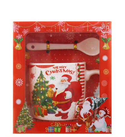 Set cana din ceramica cu lingurita si farfurioara, in tematica de Craciun, ambalata in cutie asortata, Santa Tree