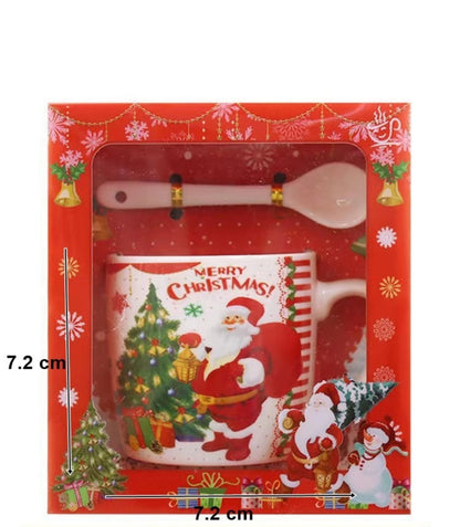 Set cana din ceramica cu lingurita si farfurioara, in tematica de Craciun, ambalata in cutie asortata, Santa Tree