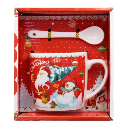 Set cana din ceramica cu lingurita si farfurioara, in tematica de Craciun, ambalata in cutie asortata, Santa Tree