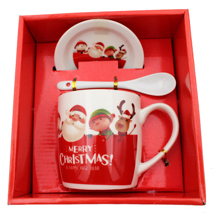 Set cana din ceramica cu lingurita si farfurioara, in tematica de Craciun, ambalata in cutie asortata, Santa Tree