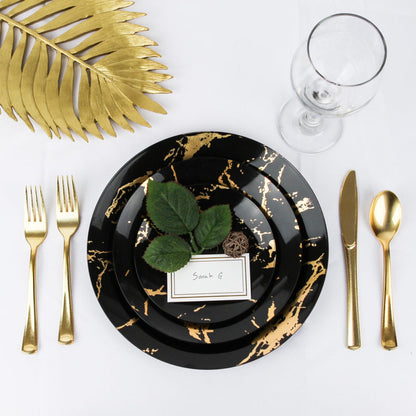 Set 25 de farfurii Negre cu aspect de marmura din plastic, reutilizabile - elegante 26cm