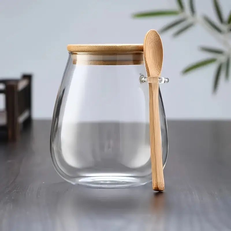 Borcan de sticla cu capac si lingurita din bambus 1000ml