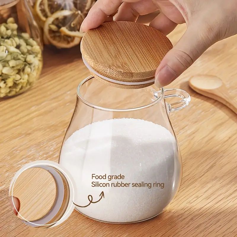 Borcan de sticla cu capac si lingurita din bambus 1000ml