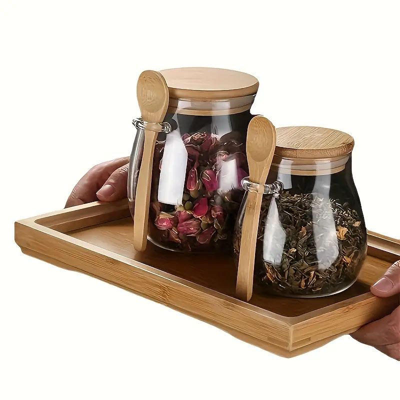 Borcan de sticla cu capac si lingurita din bambus 1000ml