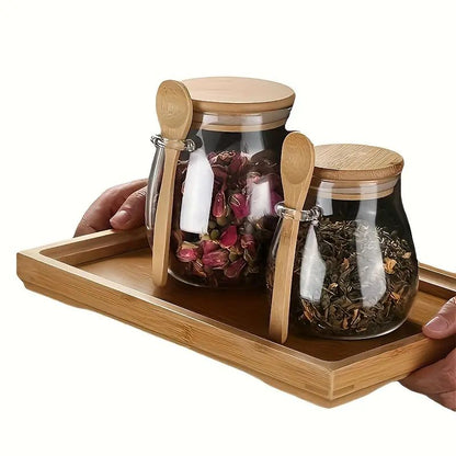 Borcan de sticla cu capac si lingurita din bambus 1000ml