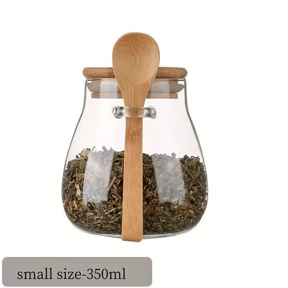 Borcan de sticla cu capac si lingurita din bambus 350ml