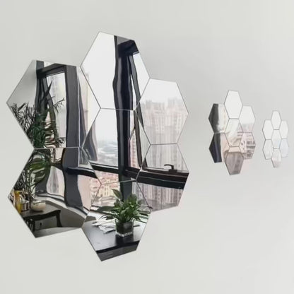 Set 12 oglinzi plexiglas autoadezive decorative forma hexagon, diametru 15 x 13 cm